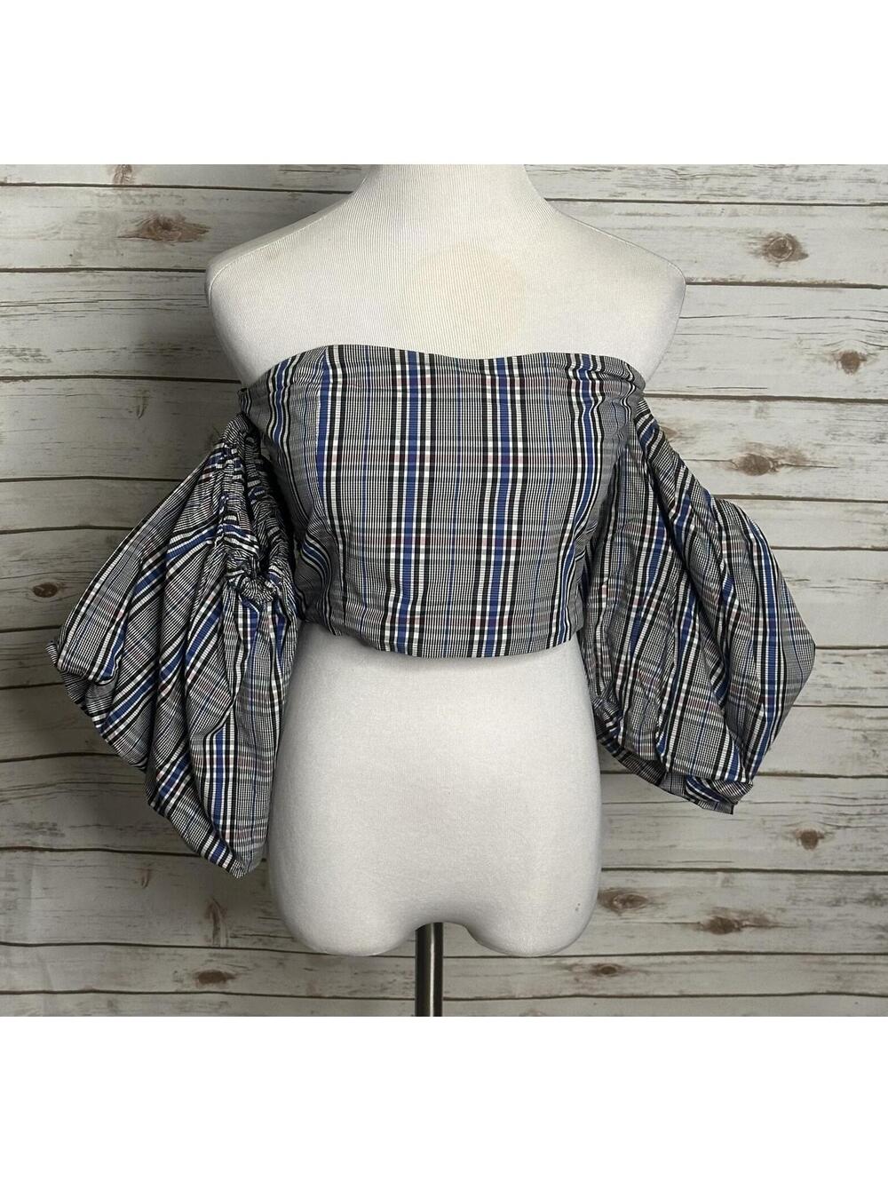 Zara Woman black white plaid off the shoulder fitted crop top Medium Y2K preppy